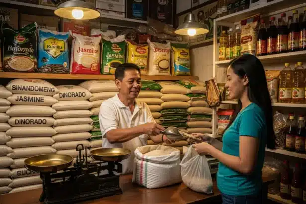 A Filipino rice store with sacks of rice and a weighing scale, serving daily customers.