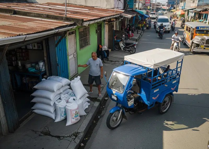 Rice sacks being delivered to a neighborhood rice store from a supplier.
