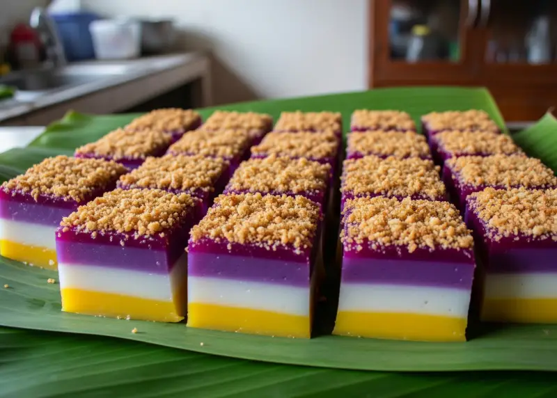 Colorful layered sapin-sapin topped with latik, served on banana leaves.