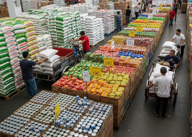 Store owners buying bulk supplies from a wholesale market with sacks and boxes.