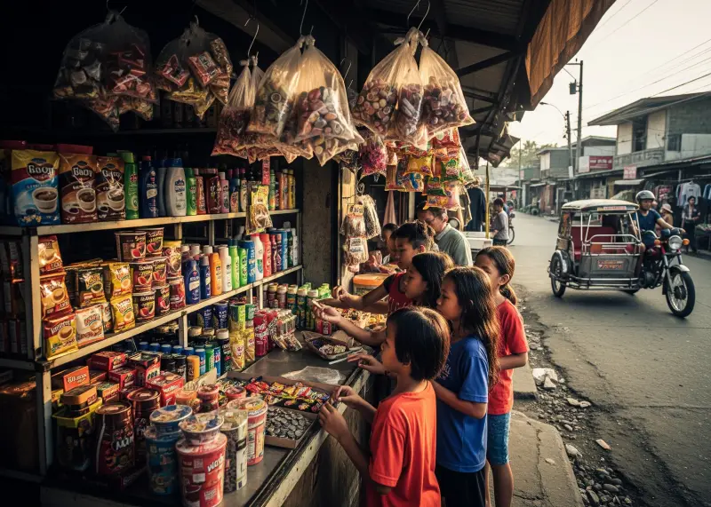 Barangay sari-sari store with sachets and kids buying snacks.