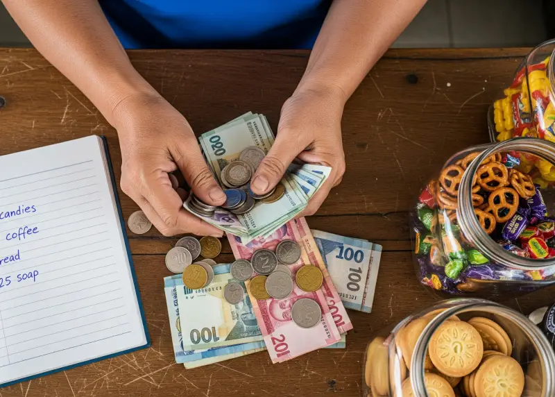 Sari-sari store owner counting coins and pesos beside a handwritten sales ledger.