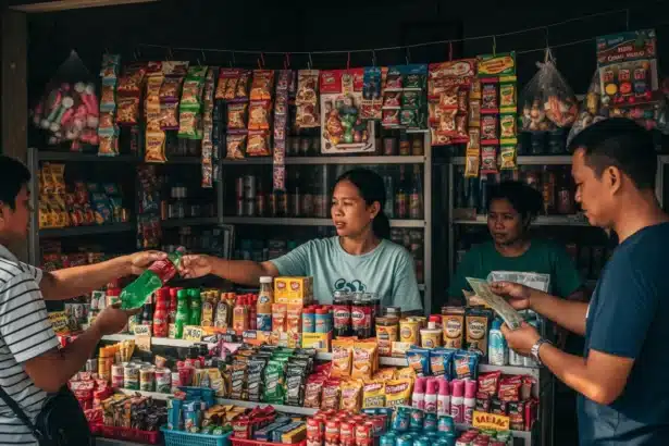 A Filipino sari-sari store with colorful products on display and customers buying snacks.