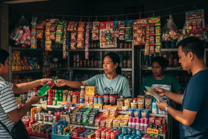 A Filipino sari-sari store with colorful products on display and customers buying snacks.
