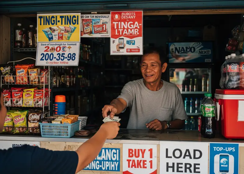 Sari-sari store owner serving customers with promo signs like tingi-tingi and load.