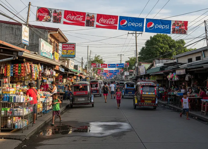 Multiple sari-sari stores lined up on a barangay street with people buying goods.