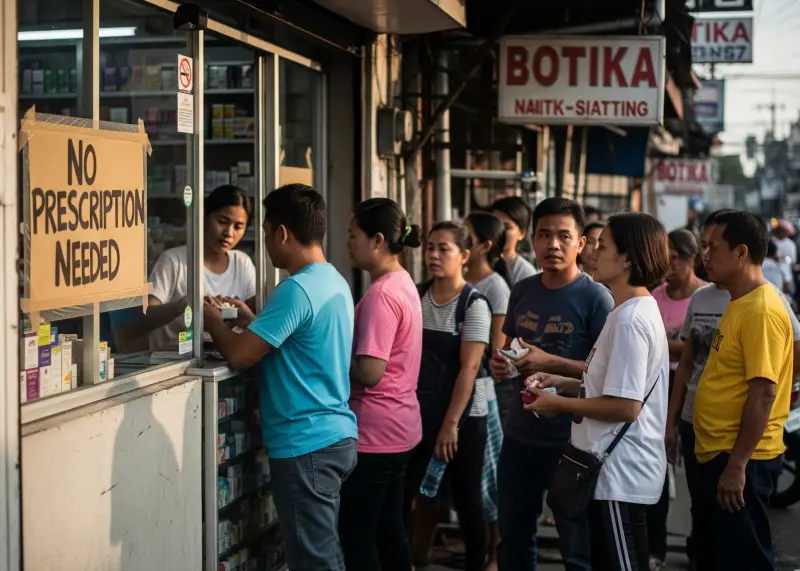 Locals lining up at a small pharmacy with a “No Prescription Needed” sign.