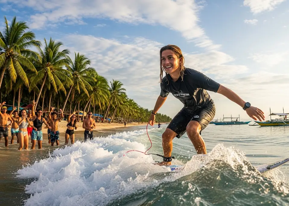 Beginner surfer riding a small wave in Siargao with friends cheering.