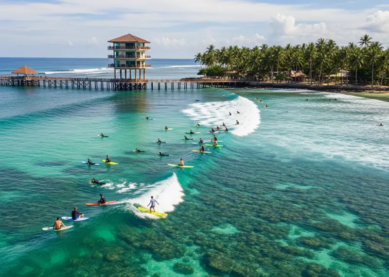 Drone view of surfers at Cloud 9, Siargao with boardwalk and turquoise waves.