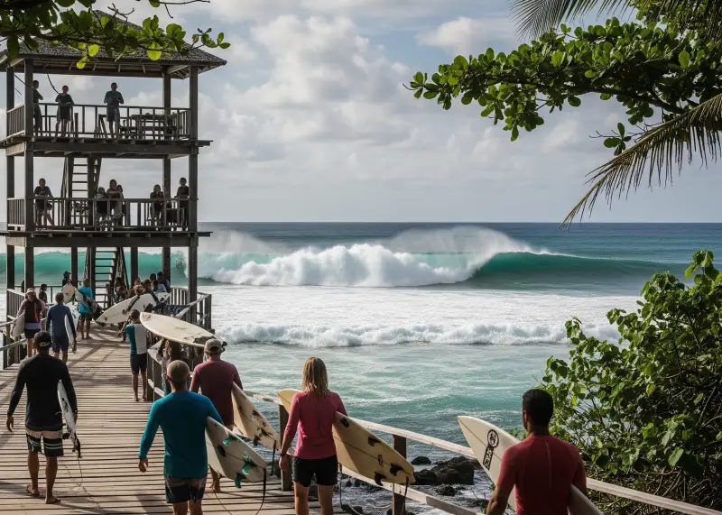 Surfers walking along the boardwalk at Cloud 9 in Siargao.