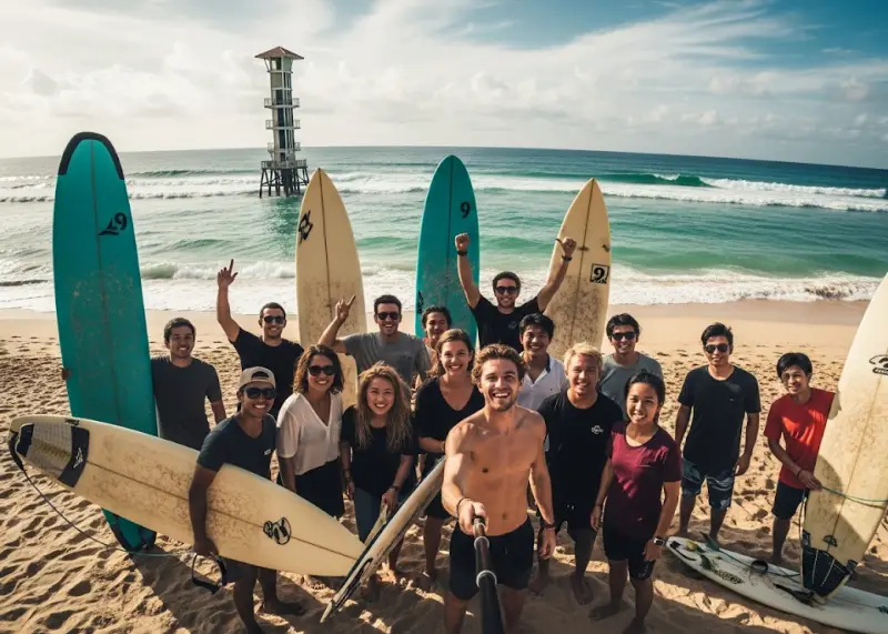 Group selfie of surfers with boards at Siargao’s Cloud 9 beach.