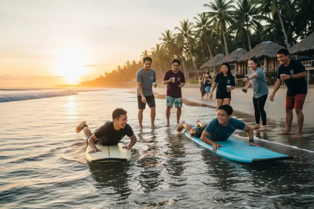 Barkada of Filipino beginners learning to surf on the beach, with surfboards and palm trees in the background