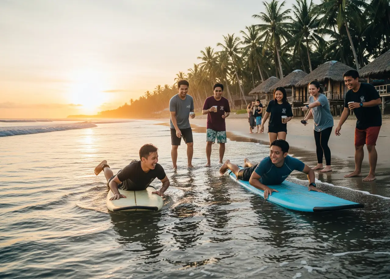 Barkada of Filipino beginners learning to surf on the beach, with surfboards and palm trees in the background