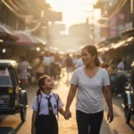 A Filipino single mother walking her child to school in a barangay street at sunrise.