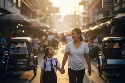 A Filipino single mother walking her child to school in a barangay street at sunrise.