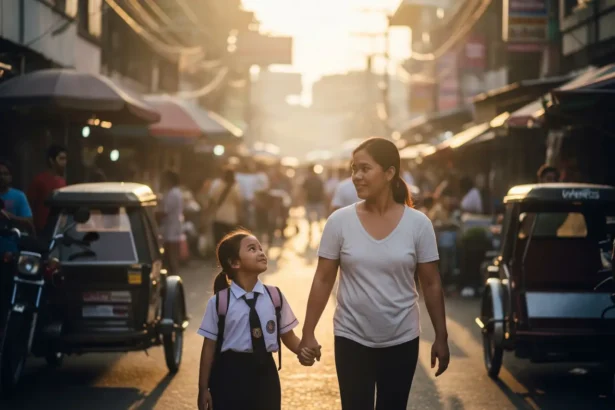 A Filipino single mother walking her child to school in a barangay street at sunrise.