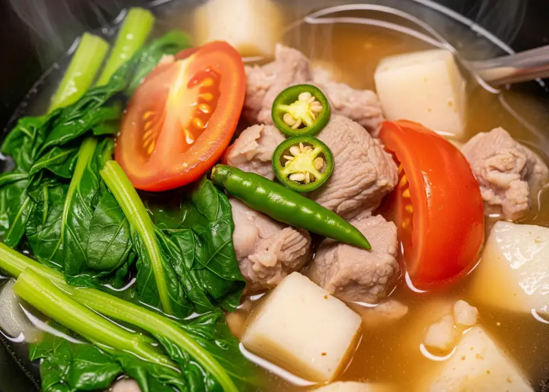 Pork sinigang with vegetables in a sour tamarind broth.