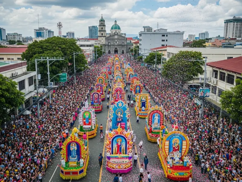 Drone view of Cebu City during Sinulog Festival with parade crowds.