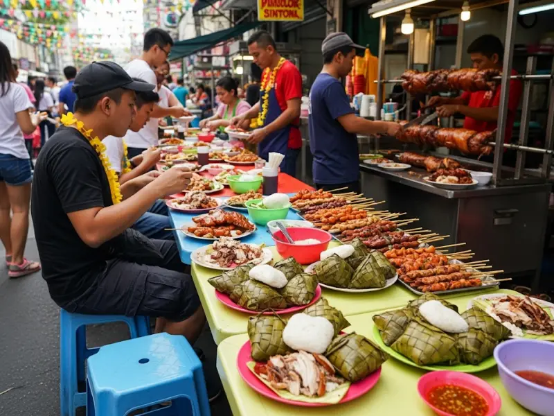 Locals and tourists eating lechon and puso rice at a Cebu street stall.