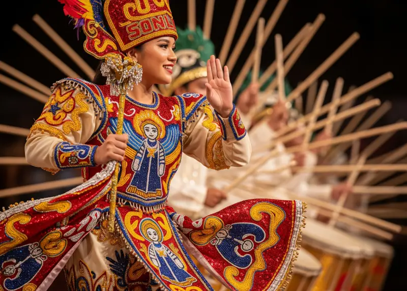 A Sinulog dancer in elaborate costume performing the traditional two-step dance.