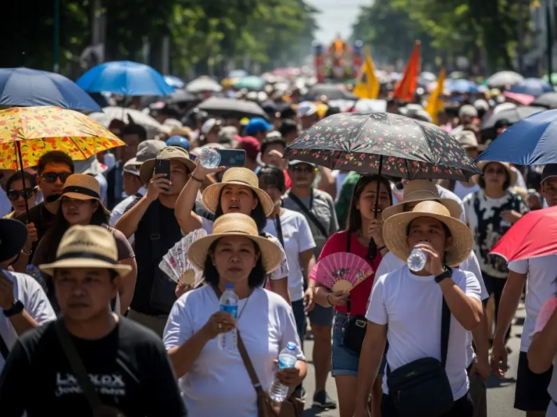 Festival goers with hats, umbrellas, and water bottles at Sinulog parade.