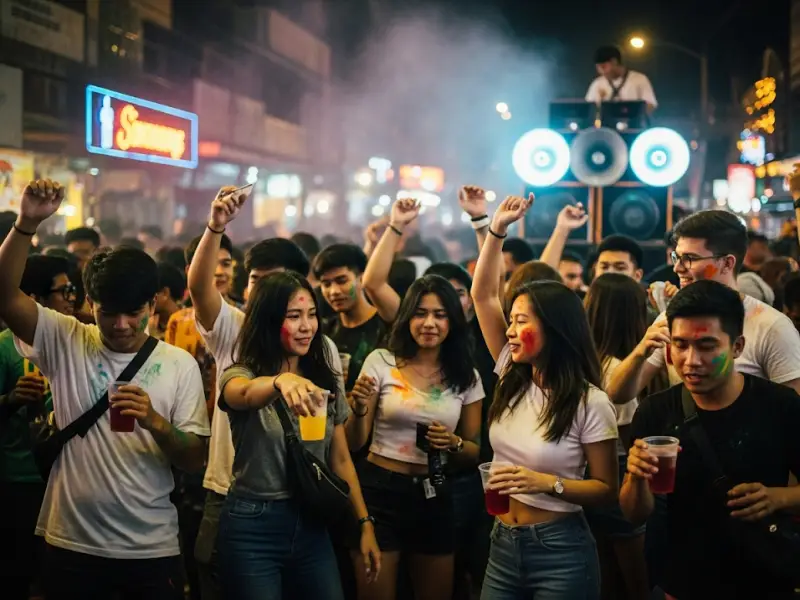 Festival-goers at a Sinulog street party with paint, drinks, and music.