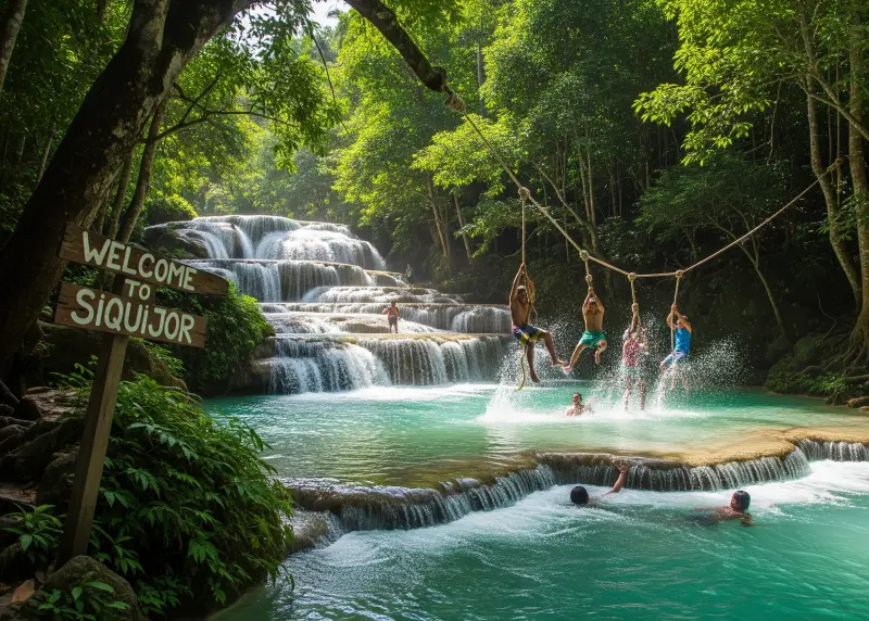 Locals swinging into turquoise pools at Cambugahay Falls in Siquijor.