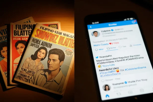 A visual contrast between old-school print showbiz tabloids and modern social media gossip on a smartphone.