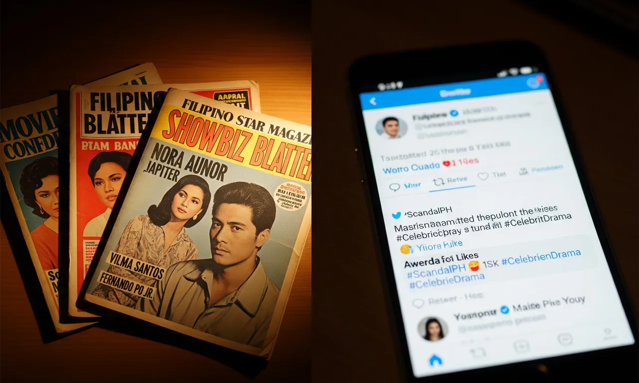 A visual contrast between old-school print showbiz tabloids and modern social media gossip on a smartphone.