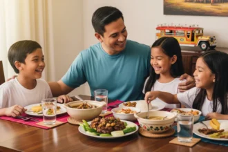 Filipino stepfather bonding with his stepchildren at home.