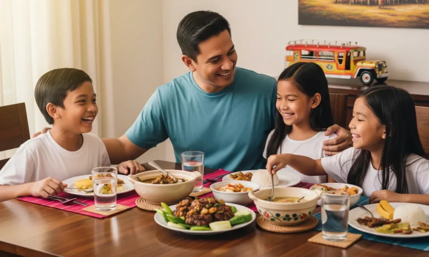 Filipino stepfather bonding with his stepchildren at home.