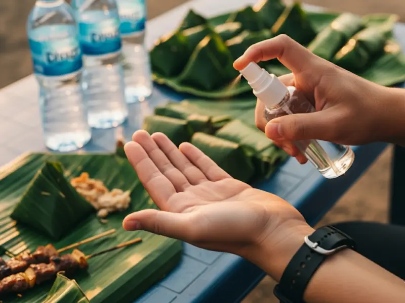 Traveler cleaning hands with alcohol before eating Filipino street food.