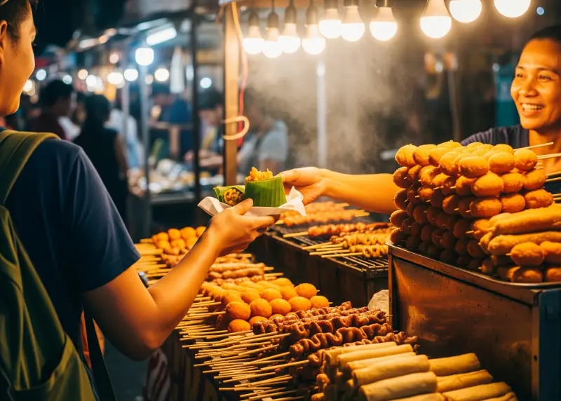 Filipino street food stall serving skewers and turon to a traveler at night.