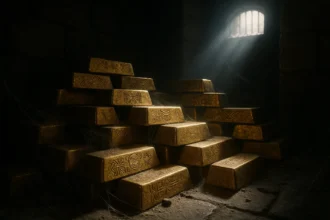 Piles of gold bars allegedly linked to the Tallano family inside a dimly lit ancient vault in the Philippines.