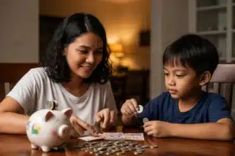 A Filipino parent teaching a child about saving money with coins and a piggy bank on the table