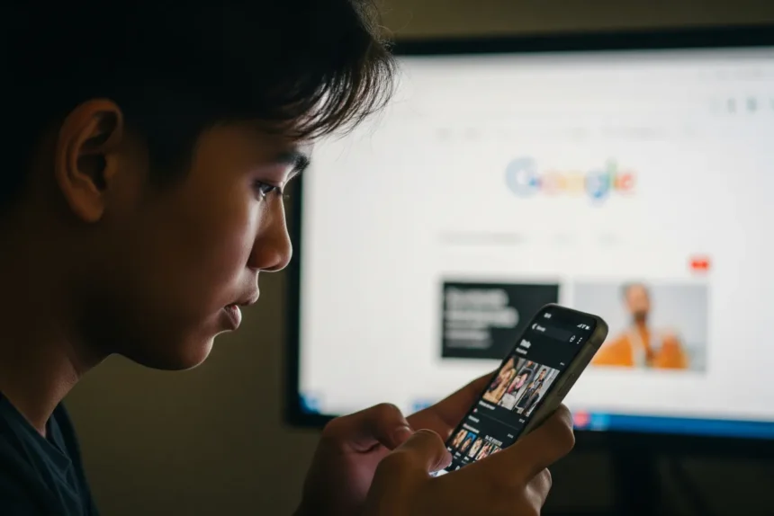 A Filipino using TikTok search on a smartphone while a blurred Google page shows in the background.