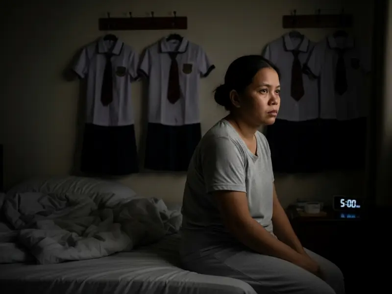A tired Filipino mom sitting on the bed early morning, readying for the day.