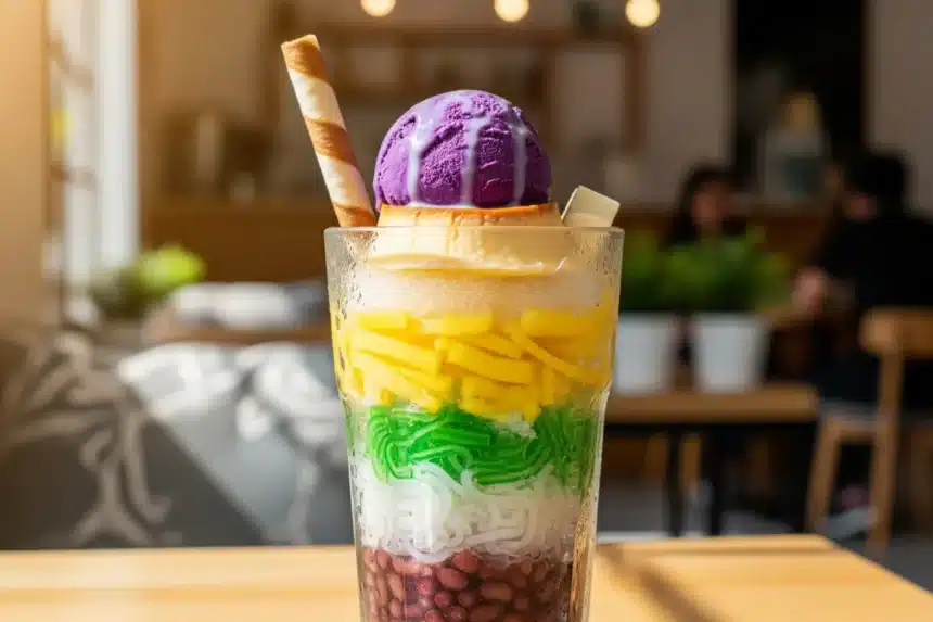 A close-up, vibrant photo of a tall glass of Filipino Halo-Halo, topped with a scoop of purple ube ice cream and a slice of leche flan, set in a bright, modern café.