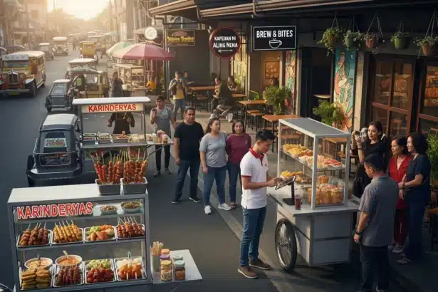 A Filipino entrepreneur managing a food cart and online orders in a busy Manila street.