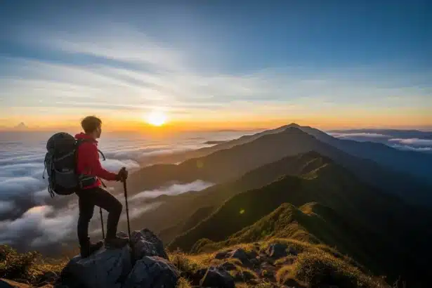Filipino hiker standing on a summit overlooking a sea of clouds at sunrise.