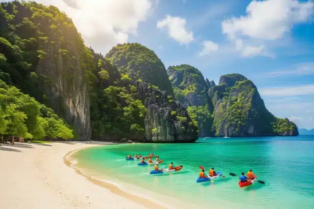 A tropical Philippine beach with turquoise waters, limestone cliffs, and tourists kayaking.