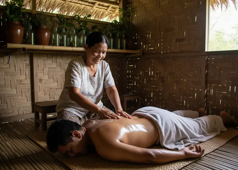 A Filipino manghihilot giving a hilot massage in a traditional nipa hut setting.