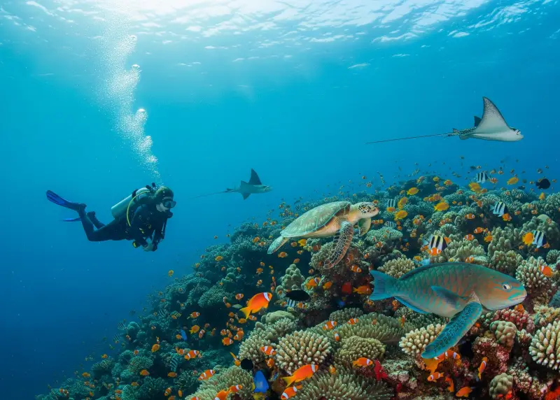 Scuba diver exploring colorful coral reefs and marine life in Tubbataha.