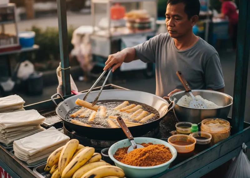 Filipino street vendor frying turon banana rolls in a food cart.