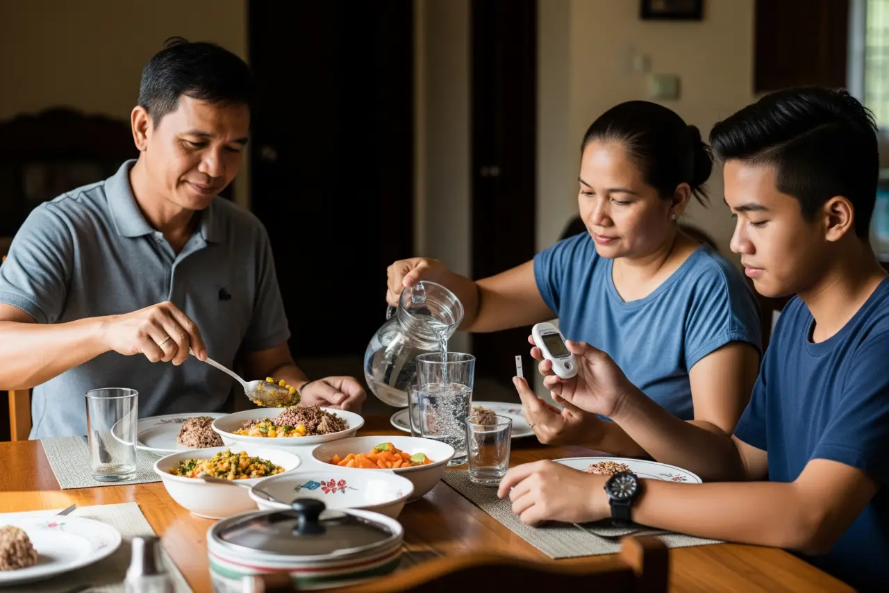 A Filipino family eating vegetables and brown rice together at home, symbolizing prevention of Type 2 diabetes.