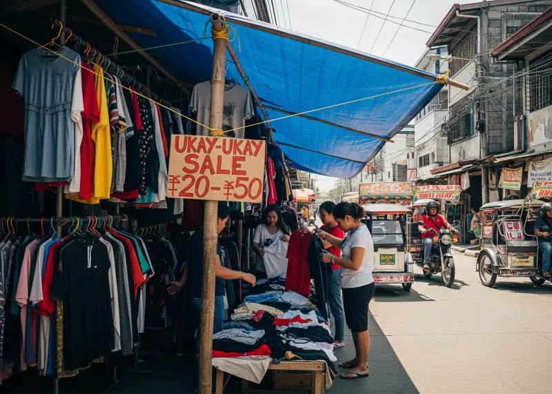 Ukay-ukay shop with racks of secondhand clothes and handwritten sale sign.
