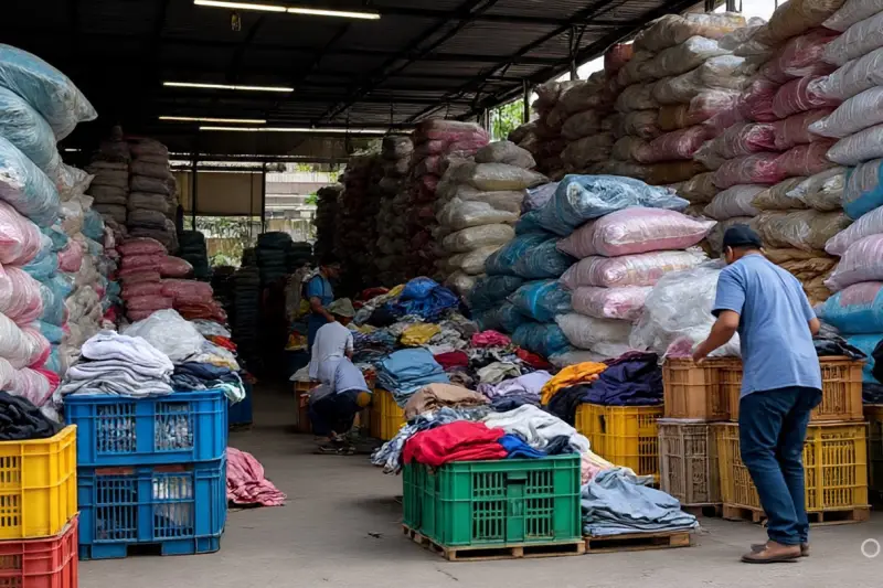 Ukay-ukay bales of clothes stacked in a supplier warehouse in the Philippines.