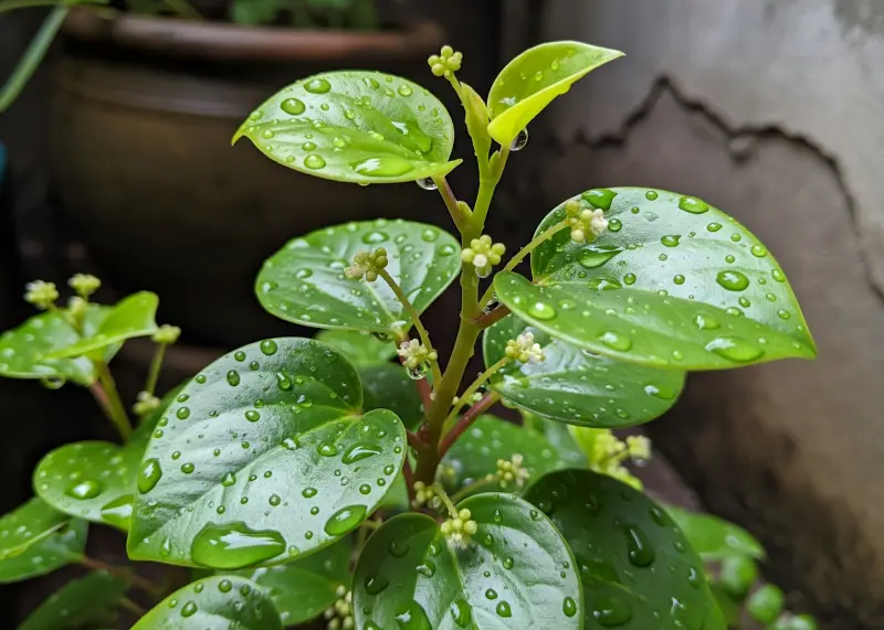 Close-up of Ulasimang Bato with shiny heart-shaped leaves in a shaded backyard.