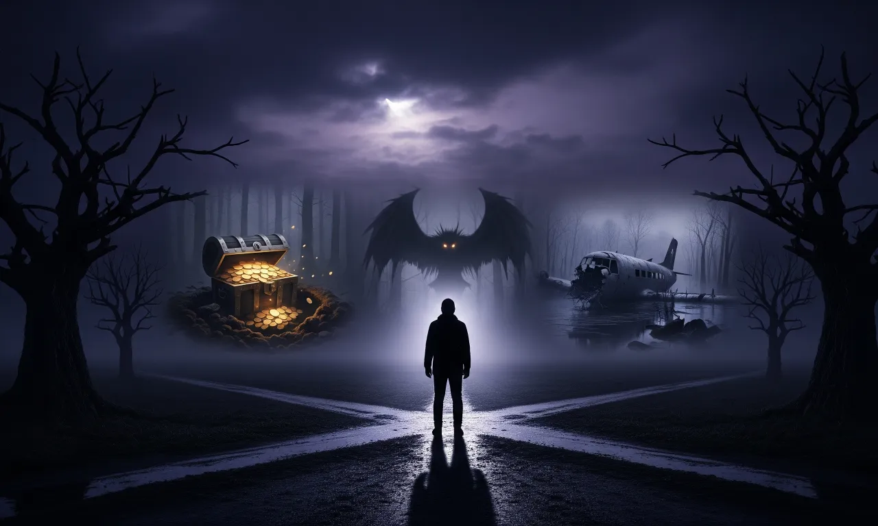 A person standing at a crossroads surrounded by ghostly images of various unsolved mysteries, representing the greatest unsolved mysteries in the Philippines.