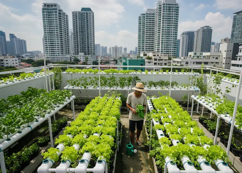 Rooftop hydroponics farm in Manila growing lettuce and herbs.